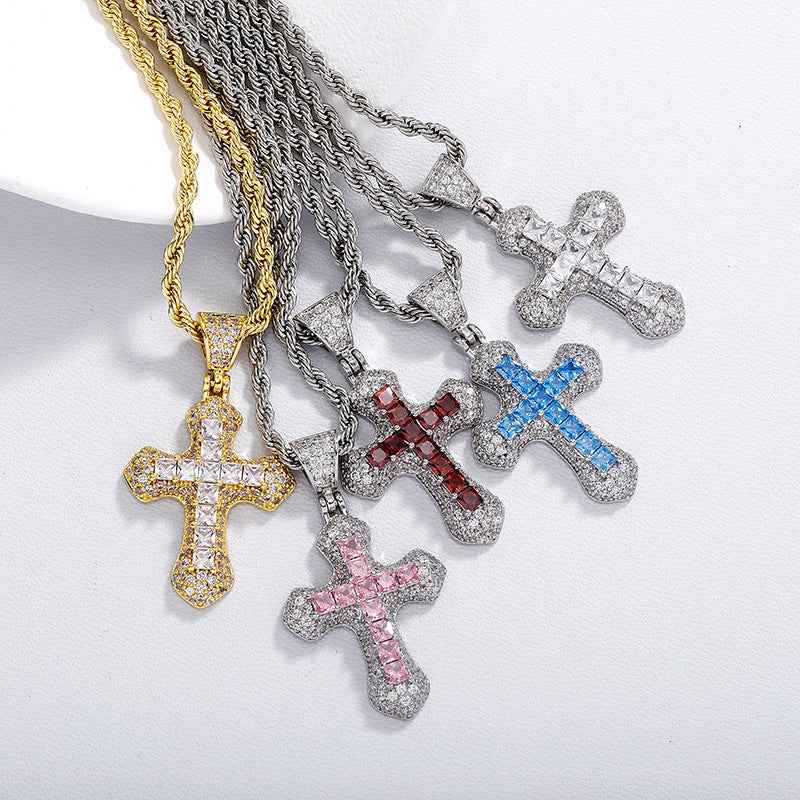 Men’s Hip Hop Colorful Zircon Cross Necklace – Twisted Link Sweater Chain Pendant