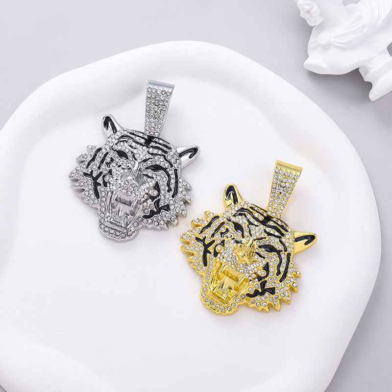 Full Diamond Tiger Pendant Necklace for Men – 3D Alloy Cuban Chain Hip Hop Jewelry