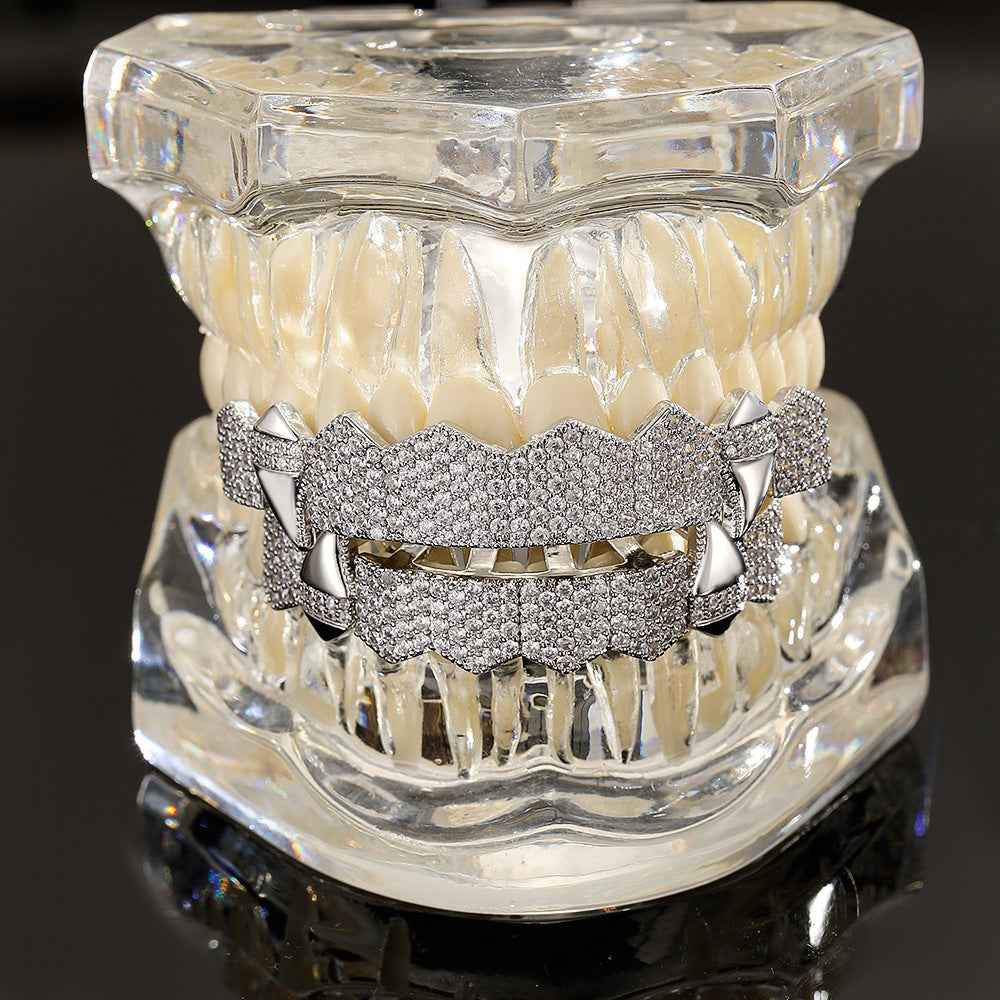 Hip Hop Vampire Fang Grillz – Full Rhinestone Copper-Plated Zircon Dental Jewelry