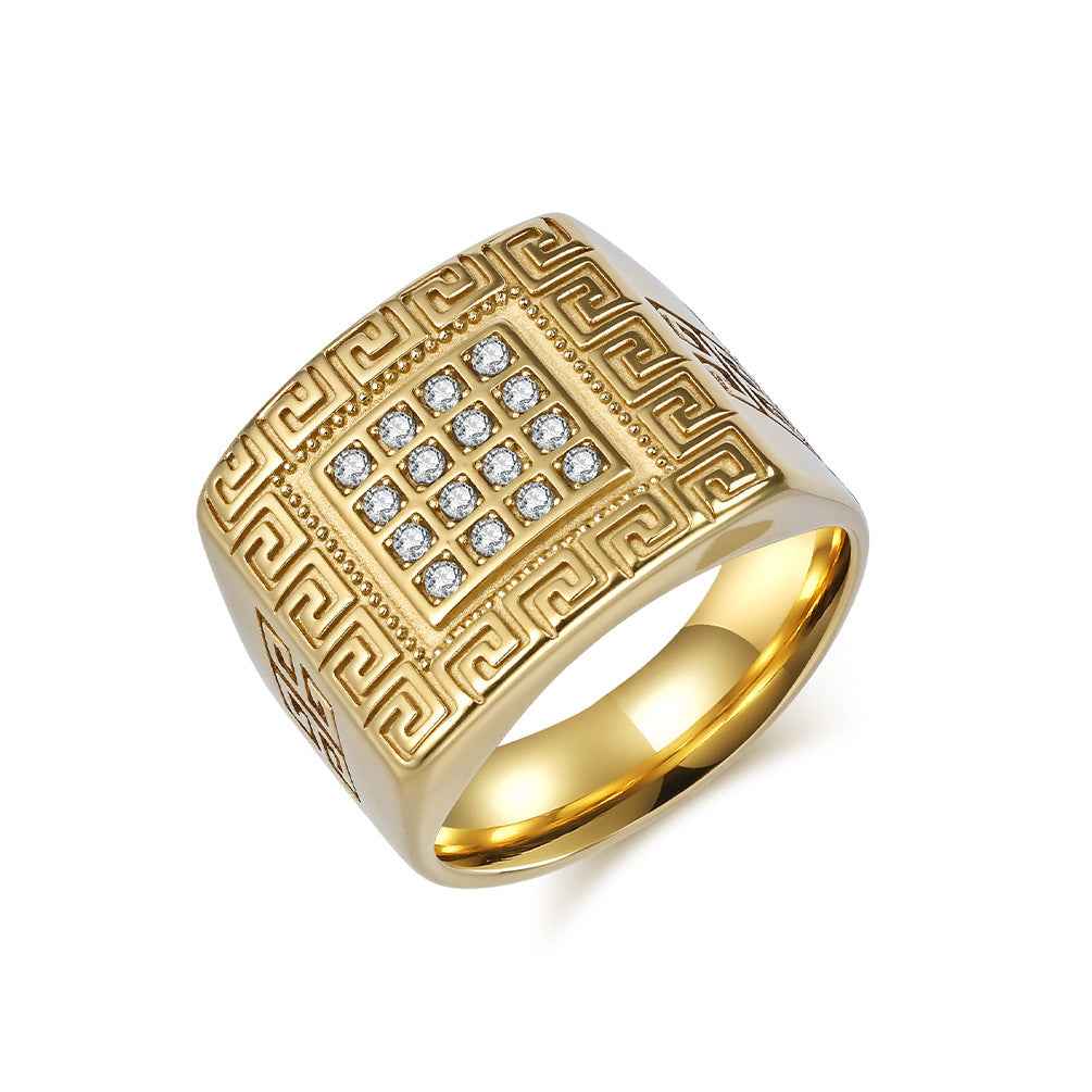 Men’s 18K Gold Plated Titanium Steel Ring – Full Diamond Great Wall Pattern Hip Hop Accessory