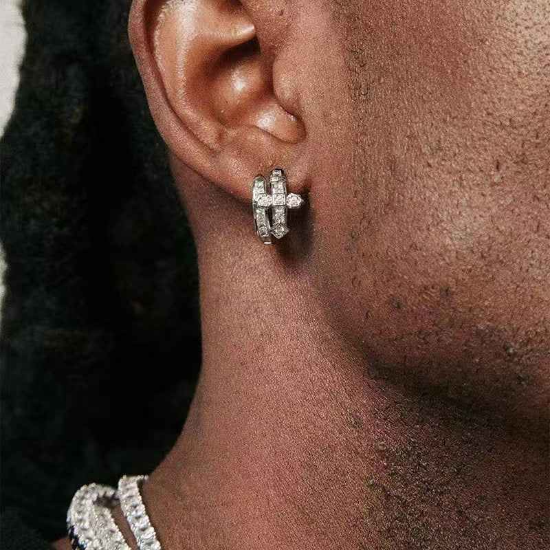 Full Diamond Cross Stud Earrings for Men – Hip Hop Street Fashion Bling Jewelry