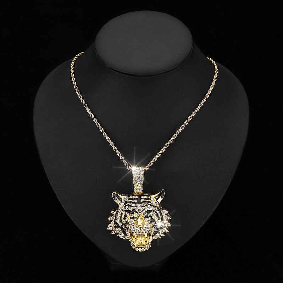 Full Diamond Tiger Pendant Necklace for Men – 3D Alloy Cuban Chain Hip Hop Jewelry