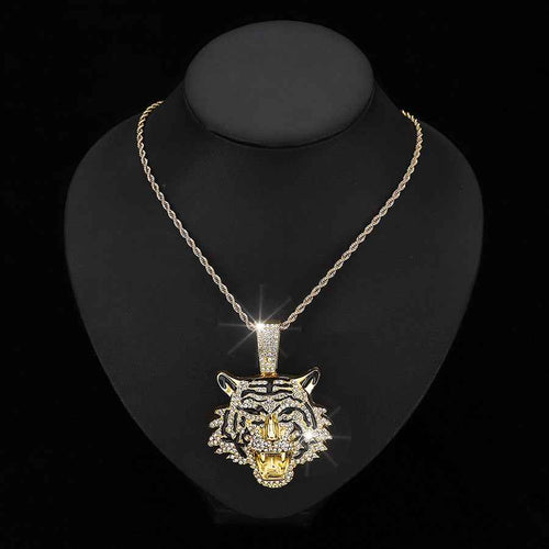 Full Diamond Tiger Pendant Necklace for Men – 3D Alloy Cuban Chain Hip Hop Jewelry