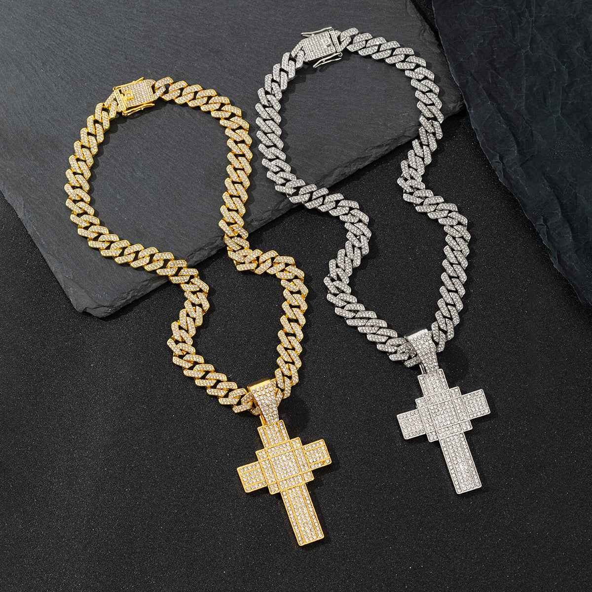 Hip Hop Cross Pendant Necklace – Vintage Cuban Link Alloy Rope Chain with Full Diamond Bling
