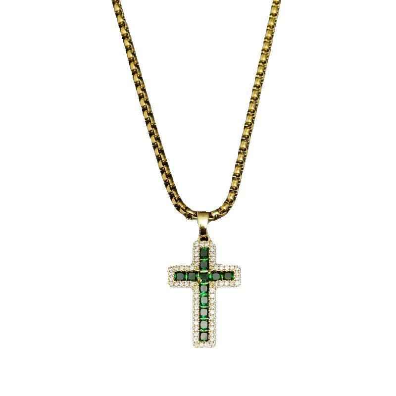 Green & White Zircon Cross Pendant Necklace – Trendy Hip Hop Streetwear Chain