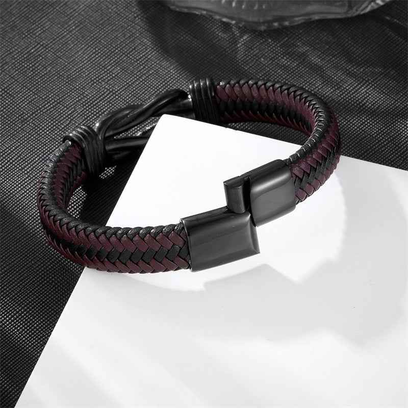 Men’s Braided Leather Bracelet with Titanium Steel – Vintage Hip Hop Style Wristband