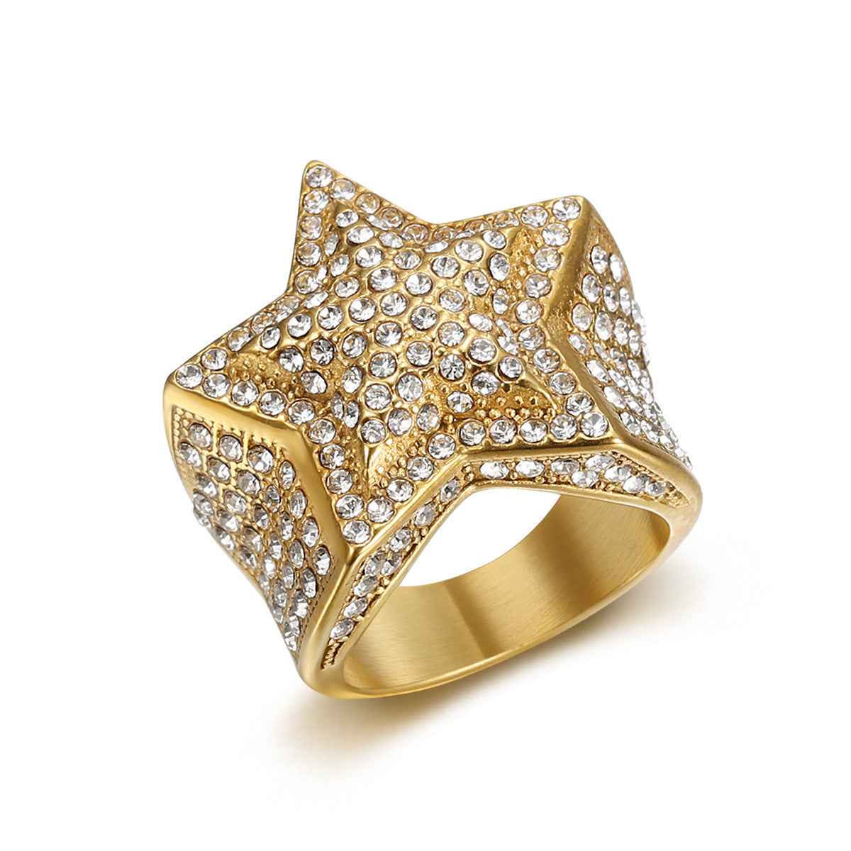 Men’s Hip Hop Five-Point Star Ring – Iced Out Rhinestone Stainless Steel Statement Ring